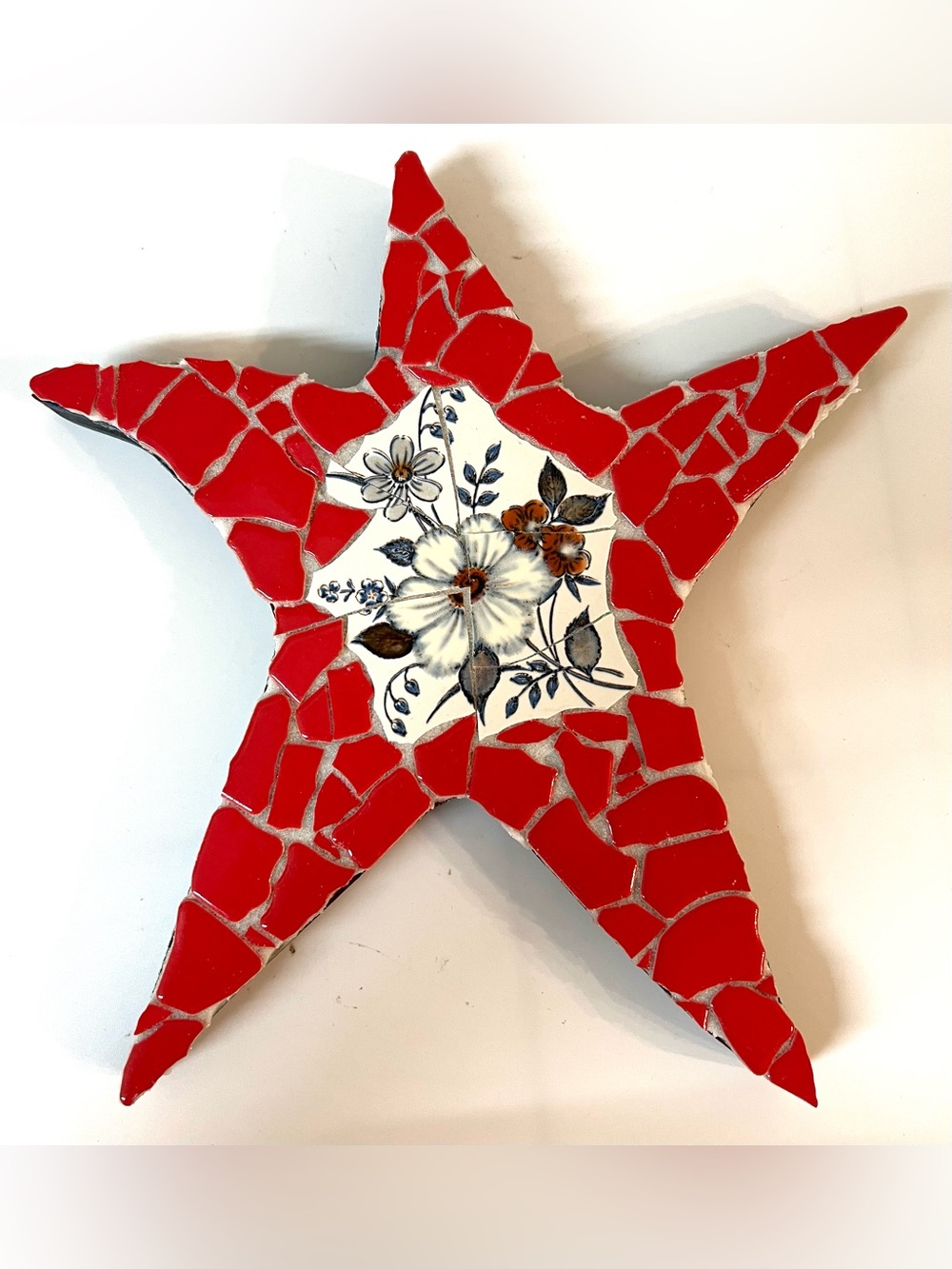 Handmade Mosaic Glass & Broken China Patriotic Red White Blue Star Wall Decor